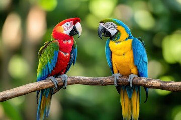 Obraz premium A vibrant scene showcasing two colorful parrots perched on a branch in a lush, green environment, exemplifying nature's beauty.