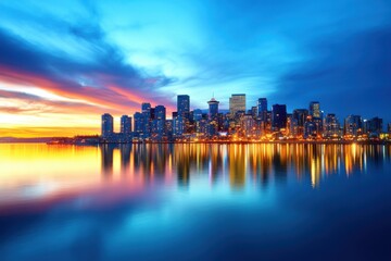 Obraz premium Stunning city skyline reflected in calm water during a vibrant sunset with colorful clouds and lights. Perfect urban landscape.