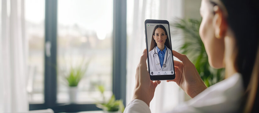 Telemedicine. Young woman making video call to female doctor at home, doctor consulting patient online, telemedicine and healthcare. ill feeling woman making a call on phone from home with physician