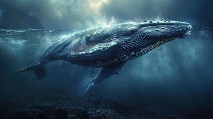 Naklejka premium depicts a majestic blue whale gracefully swimming through the deep ocean,