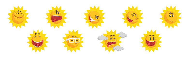 Funny Sun Character with Rays and Face Emotion Vector Set