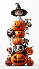 vertical stack of Halloween characters like ghost witch zombie pumpkin skeleton,  white background