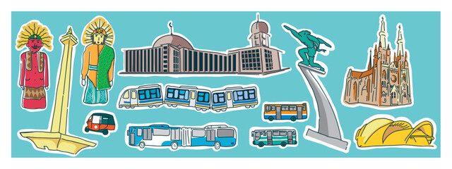 vector set of landmark cities, monuments, and transportation.