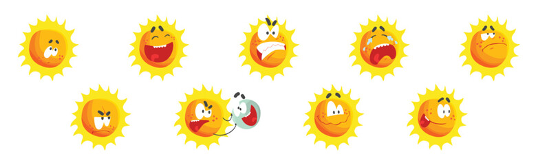 Funny Sun Character with Rays and Face Emotion Vector Set