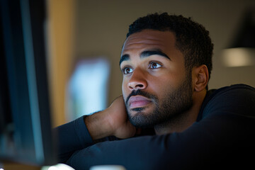 Obraz premium Portrait of a handsome man looking at the camera while sitting in front of a computer screen, working late at night and feeling tired with a pensive expression, looking tired and worried. 