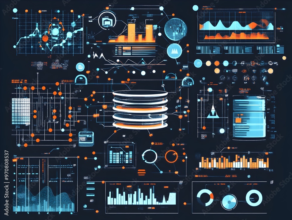 Poster detailed digital infographic dashboard showcasing a futuristic interface for visualizing and analyzi