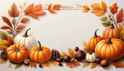 A white page with a blank center, bordered by small pumpkins, acorns, and chestnuts in warm autumn tones.