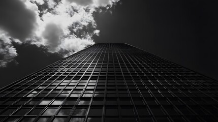 A Black Skyscraper with Clouds Reflected in its Windows