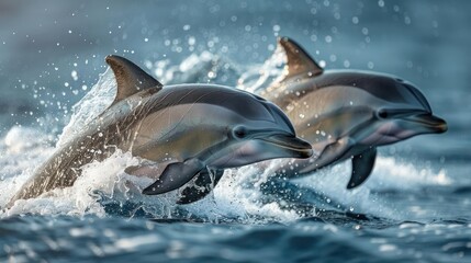 Obraz premium A pair of playful dolphins frolicking together, creating a splash as they leap out of the water.