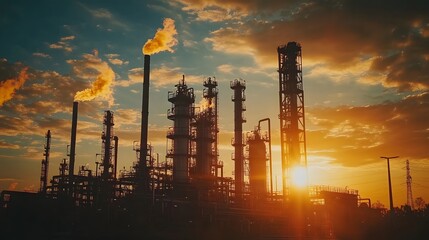 Obraz premium A sunset over a city with a large number of industrial plants. The sky is orange and the sun is setting