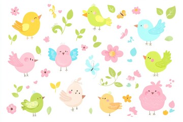 Fototapeta premium Arrangement of summer birds, butterflies, flowers, leaves, branches, berries, and moths