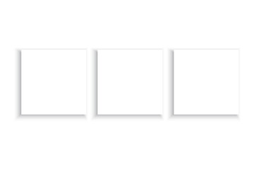 Three blank squares. Minimalistic white frames. Empty geometric layout. Clean abstract composition.