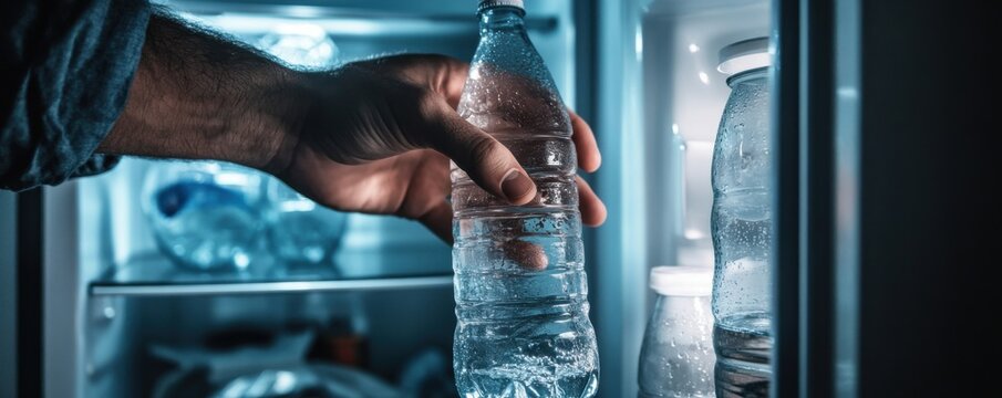 Close-up of a man reaching into a refrigerator to grab a chilled water bottle, highlighting refreshment and hydration on a hot day