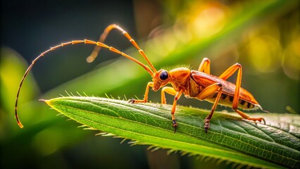 A minuscule orange insect, adorned with elongated antennae and six thin legs, calmly rests on a radiant green