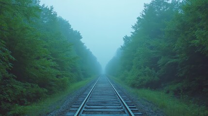 Fototapeta premium Mysterious Train Tracks Through Misty Forest