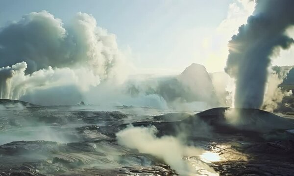 Watching geysers erupt in a volcanic landscape, hyperrealistic Video
