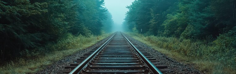 Fototapeta premium Mysterious Train Tracks Through Misty Forest