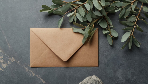 A brown envelope rests on a dark stone surface, accompanied by fresh green leaves. Soft natural light highlights the simplicity and rustic charm of the setting