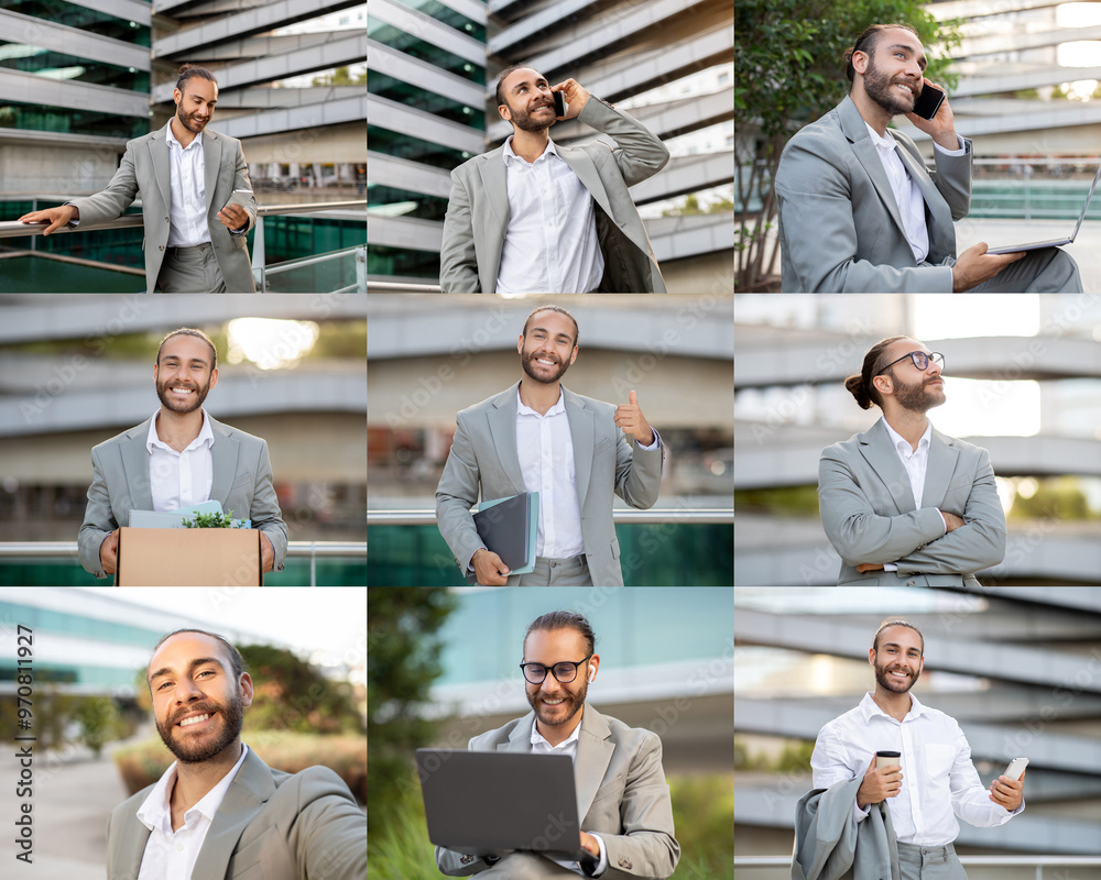 Poster a confident businessperson is seen in multiple scenarios, showcasing a range of professional activit