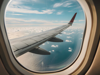 Porthole view from inside a passenger plane onto the wing. Neural network AI generated art