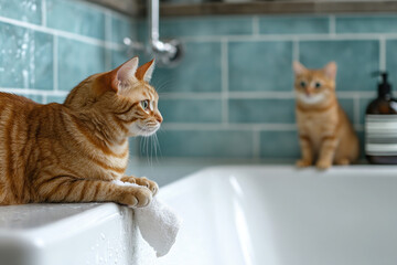 Ginger tabby cat relaxes in a bathroom, gazing curiously upwards. The cozy setting with colorful tiles creates a playful and clean vibe, perfect for a cute cat enjoying a moment of leisure
