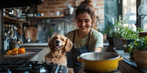 Young woman happily cooks in a sunny kitchen with her loyal dog, radiating warmth and joy in a scene of togetherness and friendship