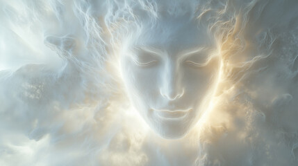 surreal, ethereal face emerging from soft clouds, symbolizing serenity, spirituality, and the divine connection between nature and the human soul in a dreamlike atmosphere.