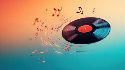 Vintage Vinyl in Neon Dreams: A Floating Record with Retro Musical Light Effects