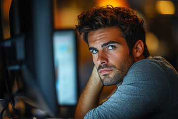 Obraz premium Portrait of a handsome man looking at the camera while sitting in front of a computer screen, working late at night and feeling tired with a pensive expression, looking tired and worried. 