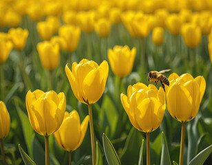 Fototapeta premium A busy bee gathers nectar from bright yellow tulips, surrounded by a vast field of blooming flowers under a clear blue sky on a warm spring day