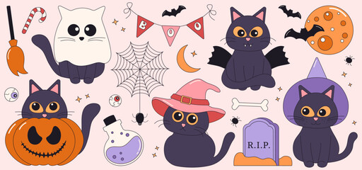Retro Halloween sticker set with cats in spooky costumes and hats.