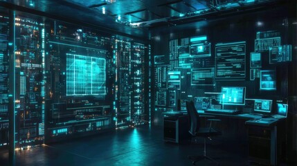 Fototapeta premium A futuristic server room with a glowing blue digital interface and data visualizations on the walls.