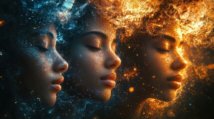 Dream-like digital collage of diverse individuals from various ethnic backgrounds, ages, abilities, and gender identities, mixed with surreal backgrounds, floating textures, and mystical shapes