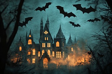 A spooky haunted mansion illuminated at night with bats flying overhead.