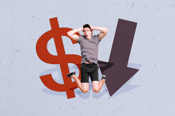 Composite artwork collage image picture of mini guy jump big dollar symbol arrow down isolated on...