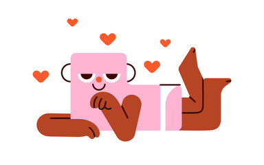 Cute love character. Funny playful geometric shape with happy smiling face, romantic flirting relaxed mood, hearts. Humor seductive figure. Flat vector illustration isolated on white background