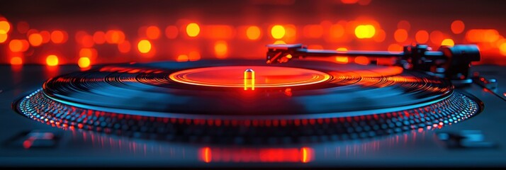 DJ Turntable with Red Lights and Bokeh Background