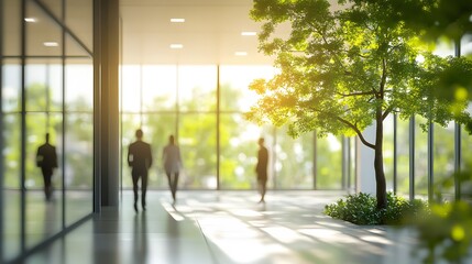 Silhouettes of People Walking Through a Modern Office Building with a Tree and Sunlight