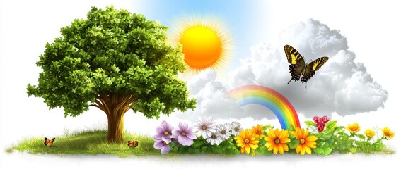 Illustrations of flowers, grass, blossoming trees, the sun, clouds, and rainbows from a spring nature illustration set.