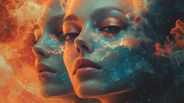 Analog collage of diverse individuals, representing a wide range of ethnicities, ages, abilities, and gender identities, set against surreal backgrounds, floating elements, and mystical patterns