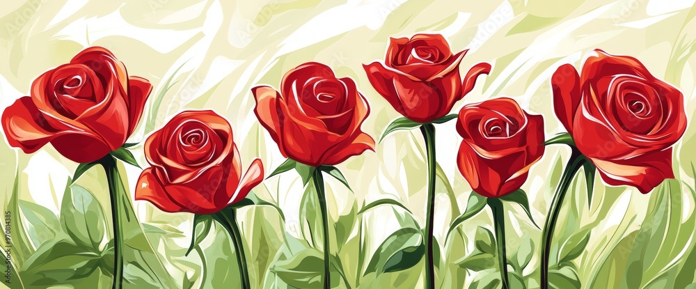 Wall mural The beautiful art of cartoon red roses - Decorative nature elements for designs, illustrations, and projects, beautiful floral illustrations