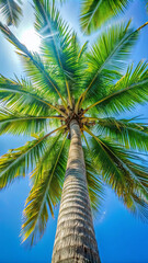 A towering palm tree stretches towards the bright blue sky, its lush green fronds illuminated by the sun. The warm sunlight filters through the leaves, creating a serene tropical atmosphere