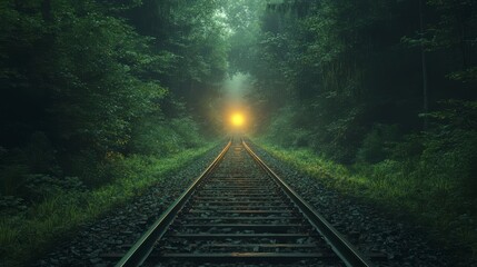 Fototapeta premium Mysterious Train Tracks Through Misty Forest