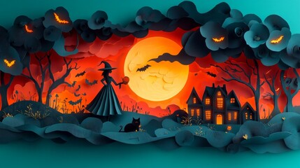 A whimsical Halloween scene featuring a witch, cat, and haunted house under a full moon.
