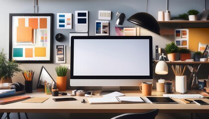 Naklejka premium Modern Workspace with Desk and Monitor