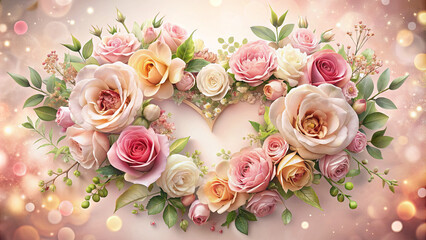 A vibrant heart-shaped arrangement features an assortment of roses in shades of pink, peach, and cream, surrounded by delicate greenery against a soft, glowing backdrop