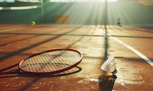 Advanced badminton racket and shuttlecock on a court, hyperrealistic Video
