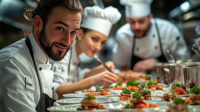 Friends intently following a master chef's instructions on plating a gourmet dessert, with elegant dishes and artistic presentation adding to the sophistication.
