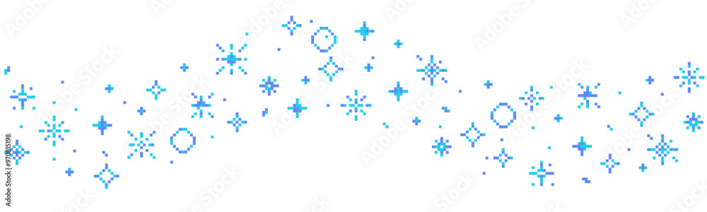 Sticker pixel snow retro 8 bit sparkle wavy border seamless frame. shiny game pixel art effect set. firework