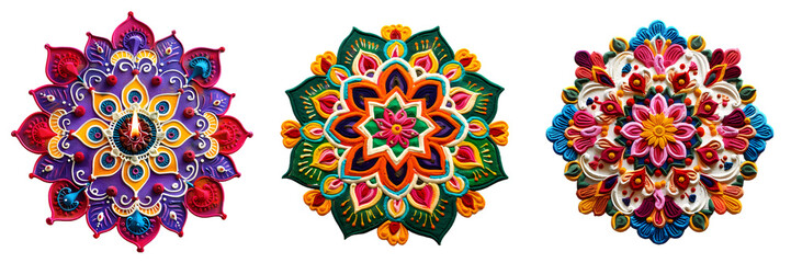 Traditional rangoli artwork with warm tones of red, orange, and yellow arranged in a circular flower design isolated on a white background, png